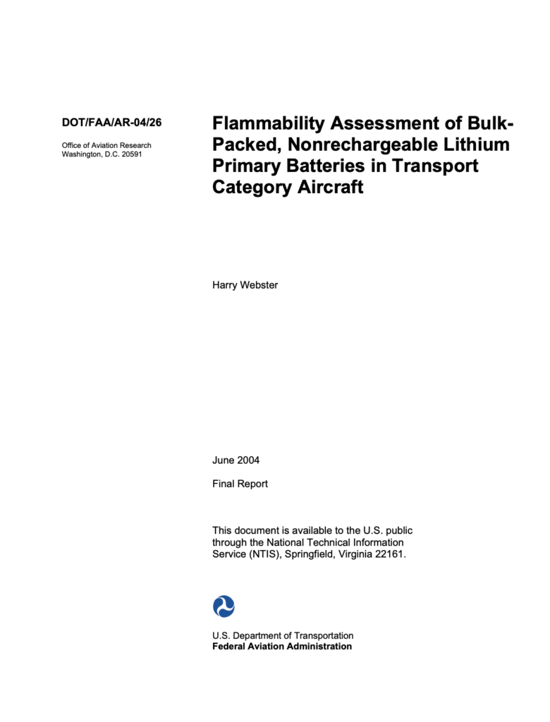 Copertina del documento "Flammability Assessment of Bulk-Packed, Nonrechargeable Lithium Primary Batteries" https://faa.gov http://www.fire.tc.faa.gov